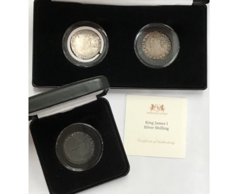 Three Hammered Coins in presentation cases, one James I Shilling mm Thistle (1603-1604) first bust. And two  Charles I mm Tun