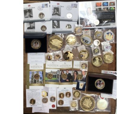 Large collection of Gold plated Medallic issues, First Day Covers coin sets with other commemorative issues.