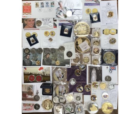 Large collection of Modern Medallic Issues, large number gold plated, Limited Edition &pound;5 coins, Museum replica coins, F