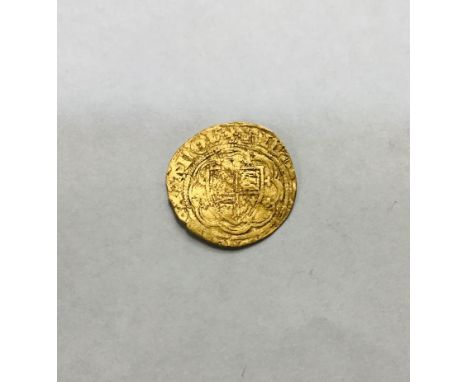 Henry VI gold Quarter Noble, of First Reign 1422-61. Slightly Clipped.  Obverse: partial double strike so some details hard t