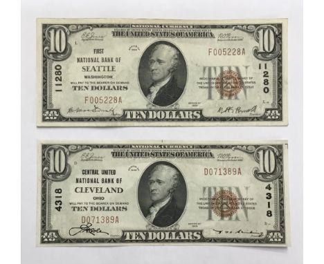 Two American National Currency Series of 1929 $10 notes for Central United National Bank of Cleveland &amp; First National Ba