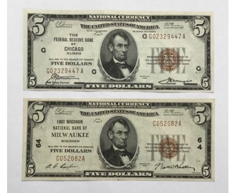 American National Currency Series of 1929 $5 Notes of Federal Reserve Bank of Chicago and First Wisconsin National Bank of Mi