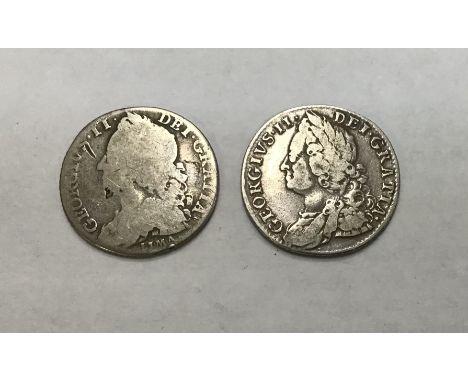 George II Shillings, 1746 &lsquo;LIMA&rsquo; and 1758.