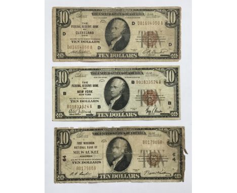 Three American National Currency Series of 1929 $10 notes of Federal Reserve Bank Cleveland and New York with First Wisconsin