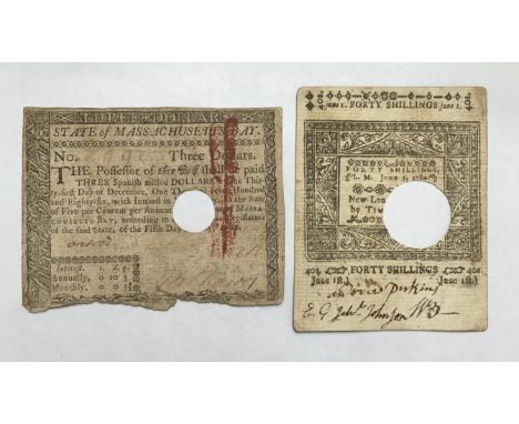Two early American Banknotes. Continental, Massachusetts 1780 Three Dollar Note, Printed by Hall & Sellers. Approximately 9.2