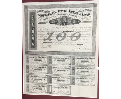 1863 Confederate States of America $100 share certificate, complete and uncut, framed.