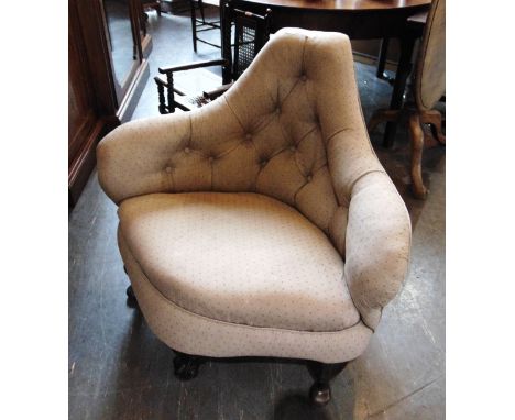 A BUTTON UPHOLSTERED OCCASIONAL CHAIR  of triangular form, on cabriole supports, 86cm wide 72cm deep 78cm high
