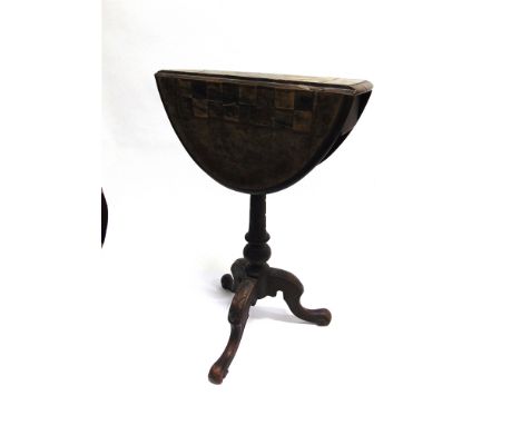 A WALNUT DROP-LEAF OCCASIONAL TABLE  the oval top inlaid with chess board, 38cm deep 16cm wide (55cm with both leaves extende