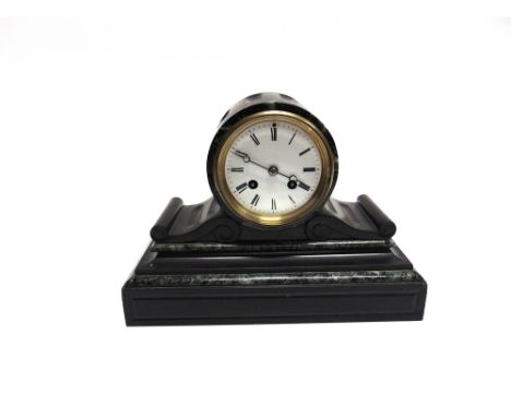 A LATE 19TH CENTURY SLATE AND MARBLE MANTLE CLOCK  the enamel dial with Roman numerals, the 8-day movement stamped 'Japy Frer