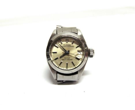 TUDOR, PRINCESS OYSTERDATE  a lady's automatic steel bracelet watch, the white dial with steel coloured batons, luminous hand