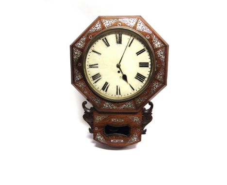 A ROSEWOOD DROP DIAL WALL CLOCK  with fusee movement and mother of pearl decoration, the 12' enamel with Roman numerals, 43cm