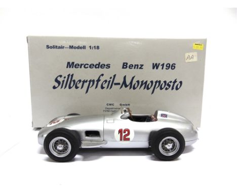 A 1/18 SCALE CMC NO.M042, MERCEDES-BENZ W196, 1954  silver, boxed (off-side rear wheel, axle and suspension rods detached).