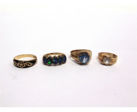 A 15 CARAT GOLD VICTORIAN BLACK ENAMEL MOURING RING  3.1g gross; a single stone ring stamped '585', 1.9g gross; a 9 carat gol