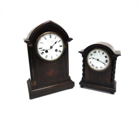 AN EDWARDIAN 8-DAY MANTLE CLOCK  in marquetry inlaid mahogany lancet shaped case, the enamel dial inscribed 'SHEFFIELD GOLDSM