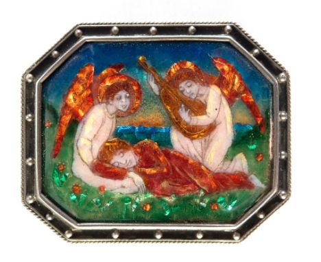 PHOEBE ANNA TRAQUAIR (ATTRIBUTED) an Arts and Crafts enamel panel and unmarked silver brooch, circa 1909, the enamel depictin