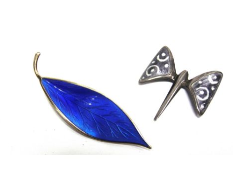 A DAVID-ANDERSEN BLUE ENAMEL LEAF BROOCH  and a Norwegian stylised butterfly brooch