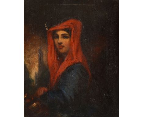 CONTINENTAL SCHOOL (19TH CENTURY)  Portrait of a Lady in a Red Hood,  oil on canvas, unsigned, 32cm x 26cm.