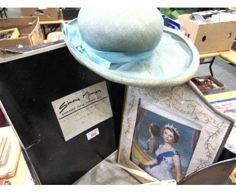 ASSORTED ROYAL MEMORABILIA  comprising a pale blue hat in a box with a Simone Mirman label addressed to Her Majesty Queen Eli