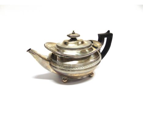 A GEORGE III SILVER TEAPOT by James Ede & Alexander Hewitt, London 1810, of rounded rectangular outline, on ball supports, 26
