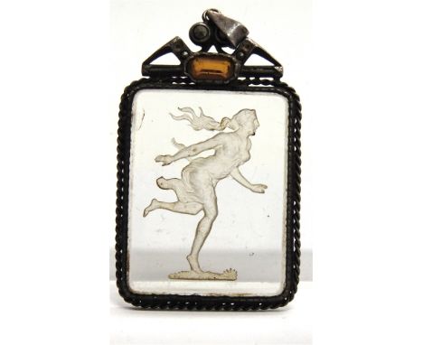 AN ART DECO GLASS REVERSE INTAGLIO PENDANT the rectangular clear glass panel engraved with a running classical female, the fr