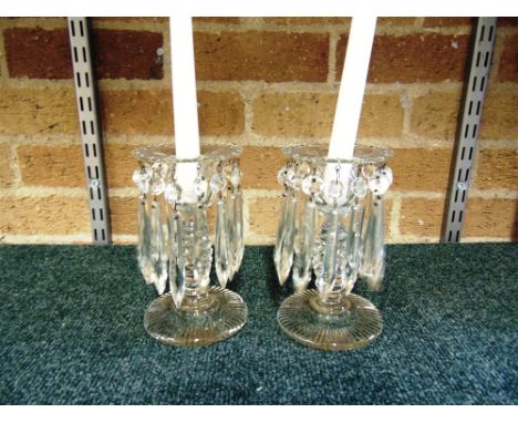 A PAIR OF GLASS CANDLESTICK TABLE LUSTRES  17cm high