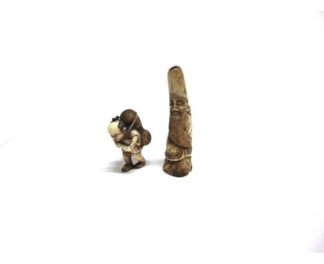 "A JAPANESE BONE NETSUKE carved as Fukurokuju, 6.5cm high; together with a small ivory okimono, carved as a man carrying bund