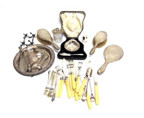 A SILVER SHELL BUTTER DISH  with butter knife, cased; a glass preserve pot with silver cover and spoon; a small silver servin