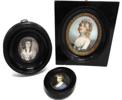 BRITISH SCHOOL (19TH CENTURY)  Lady in a Grey Dress, a portrait miniature,  oil, unsigned, 5.25cm x 4.25cm (oval), in an ebon