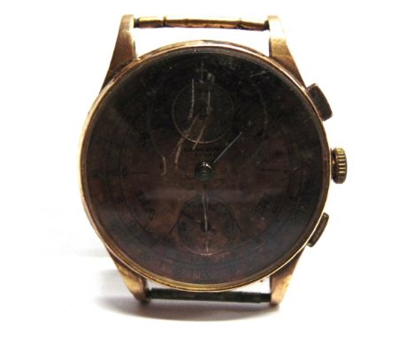 ANONYMOUS, A CHRONOGRAPHIC SUISSE GENTLEMAN'S WRIST WATCH stamped '18k' over '750', the copper coloured dial with subsidiary 