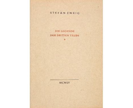 STEFAN ZWEIG Die Legende der dritten Taube. Offenbach: R. Klingspor 1955. 20,9 x 15 cm. 6 Bll. Ldr. mit golgepr. Deckelsignat