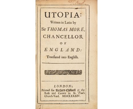 More (Morus), Thomas: Utopia. London: Printed for Robert Chiswell 1684. 17,4 x 10,7 cm. 11 Bll., 206 SS. Blindgepr. Ldr. mit 
