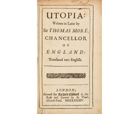 More (Morus), Thomas: Utopia. London: Printed for Robert Chiswell 1684. 17,4 x 10,7 cm. 11 Bll., 206 SS. Blindgepr. Ldr. mit 