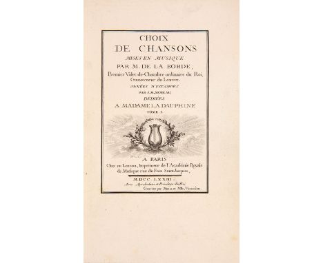 Laborde, [Jean-Benjamin de]: Choix de chansons mises en musique. Ornées d'estampes par J. M. Moreau, dediées à Madame la Daup