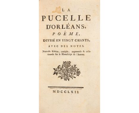 Voltaire, F. M. A. de: La pucelle d'Orléans. Nouv. éd. corr., augm. et coll. O.O u. o. Dr. (d.i. Genf, Cramer) 1762. 19,2 x 1