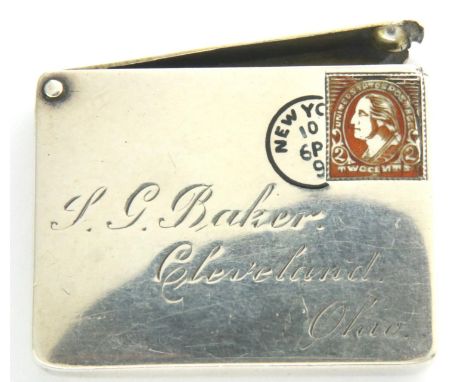 Sterling silver and enamel American stamp holder, circa 1890, 30 x 25 mm. Small dent to bottom right corner less than 1mm, sm