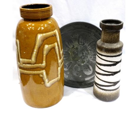 Two West German drip glaze vases and an Austrian ceramic dish, largest H: 50 cm. Not available for in-house P&amp;P, contact 