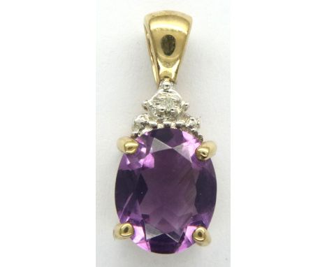9ct gold amethyst and diamond set pendant, H: 19 mm, 1.9g. P&amp;P Group 1 (£14+VAT for the first lot and £1+VAT for subseque