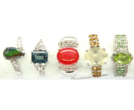 Five stone set silver rings with certificates, various sizes. P&amp;P Group 1 (£14+VAT for the first lot and £1+VAT for subse