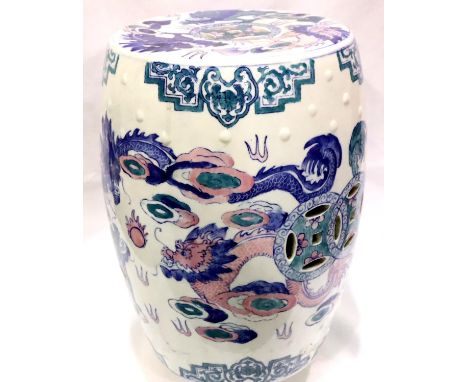 Large Oriental ceramic garden seat decorated with dragons, H: 50 cm. Not available for in-house P&amp;P, contact Paul O'Hea a