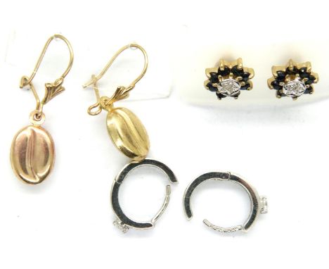 Two pairs of 9ct gold earrings and a 14ct white gold pair, combined 3.0g. P&amp;P Group 1 (£14+VAT for the first lot and £1+V