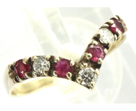 9ct gold diamond and ruby wishbone ring, size N, 1.6g. P&amp;P Group 1 (£14+VAT for the first lot and £1+VAT for subsequent l