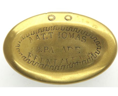 Antique brass snuff box marked for Mat. Thomas 2 Parade Ferndale 1914, L: 60 mm. P&amp;P Group 1 (£14+VAT for the first lot a