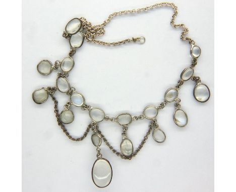 Antique moonstone and silver necklace, broken part of chain and catch missing. P&amp;P Group 1 (£14+VAT for the first lot and