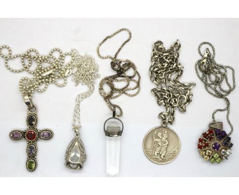 Five silver pendant necklaces including a stone set cross, combined 57g. P&amp;P Group 1 (£14+VAT for the first lot and £1+VA