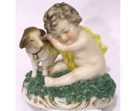 Chelsea child with dog ceramic figurine, with gold anchor mark H: 70 mm. P&amp;P Group 1 (£14+VAT for the first lot and £1+VA