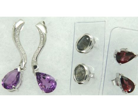Three pairs of 9ct white gold earrings with certificates, rhodolite, labradorite and amethyst, combined gold weight 5.6g. P&a