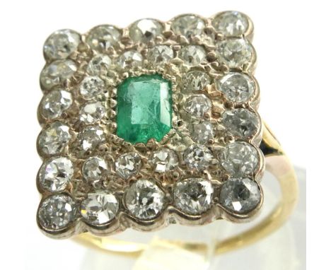 Antique 18ct gold, emerald and old cut diamond cluster ring, size N/O, 6.0g. P&amp;P Group 1 (£14+VAT for the first lot and £