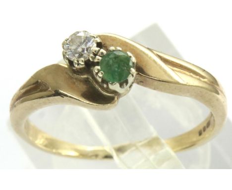 9ct gold emerald and diamond duo ring, size Q, 2.7g. P&amp;P Group 1 (£14+VAT for the first lot and £1+VAT for subsequent lot