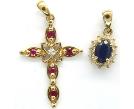 9ct gold ruby and diamond set cross and a sapphire pendant, 1.7g. P&amp;P Group 1 (£14+VAT for the first lot and £1+VAT for s