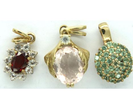 Three 9ct gold pendants: alexandrite, rose quartz and garnet, gold weight 4.6g. P&amp;P Group 1 (£14+VAT for the first lot an